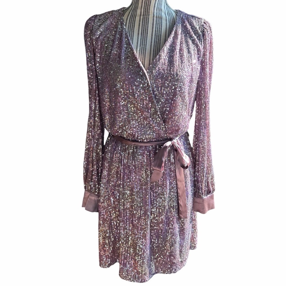 OnTwelfth Sequin Lavender Iridescent Wrap Mini Dress Long Sleeve - Size M